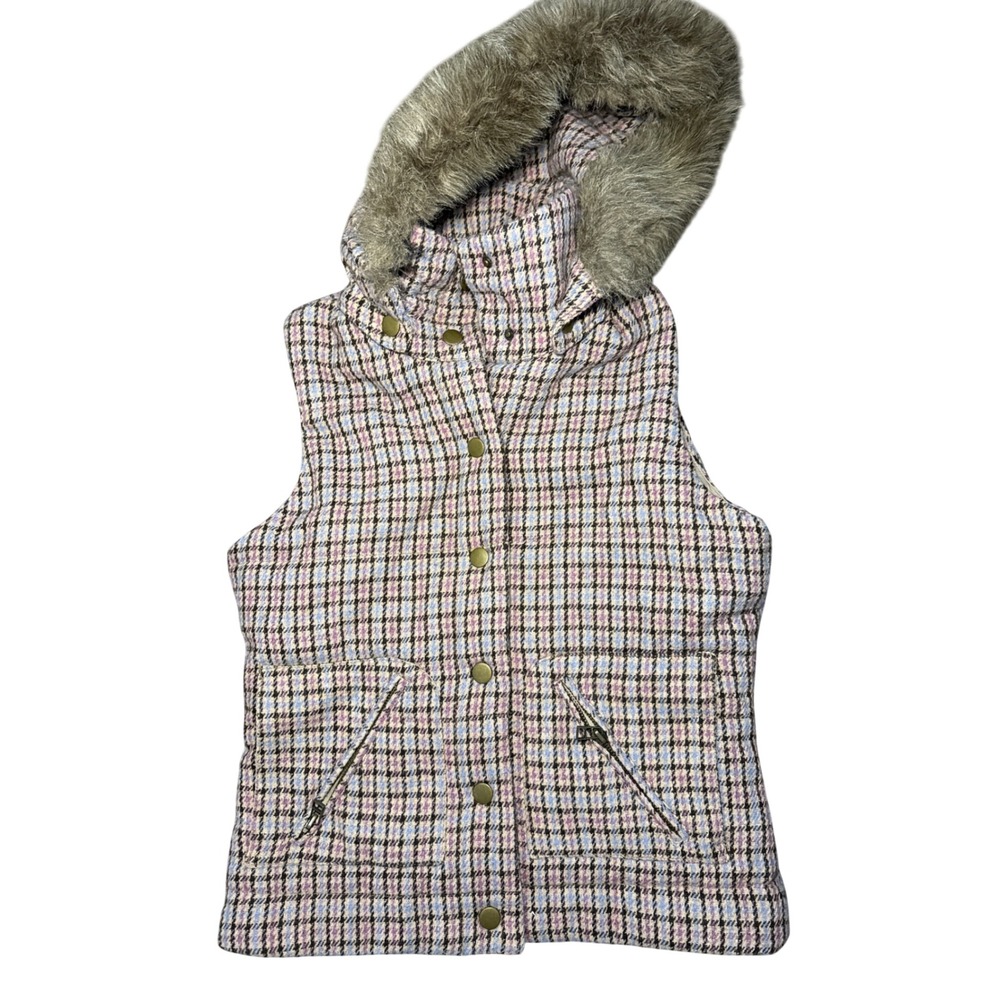 Vanity Womens Plaid Puffer Vest Faux‎ Fur Trim Hood Wool Blend Medium Y2K Preppy